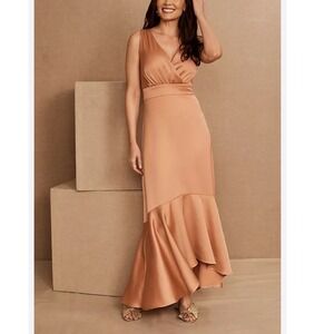 BHLDN Fairbanks Satin Maxi Dress Copper V Neck‎ Sleeveless Ruffle Hem Size 2